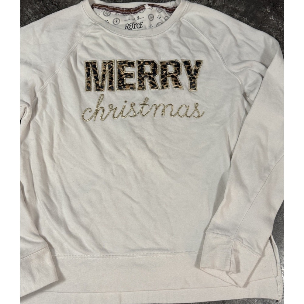Royce Merry Christmas Cheetah Puff Print Sweatshirt Side Slits Soft Sz L